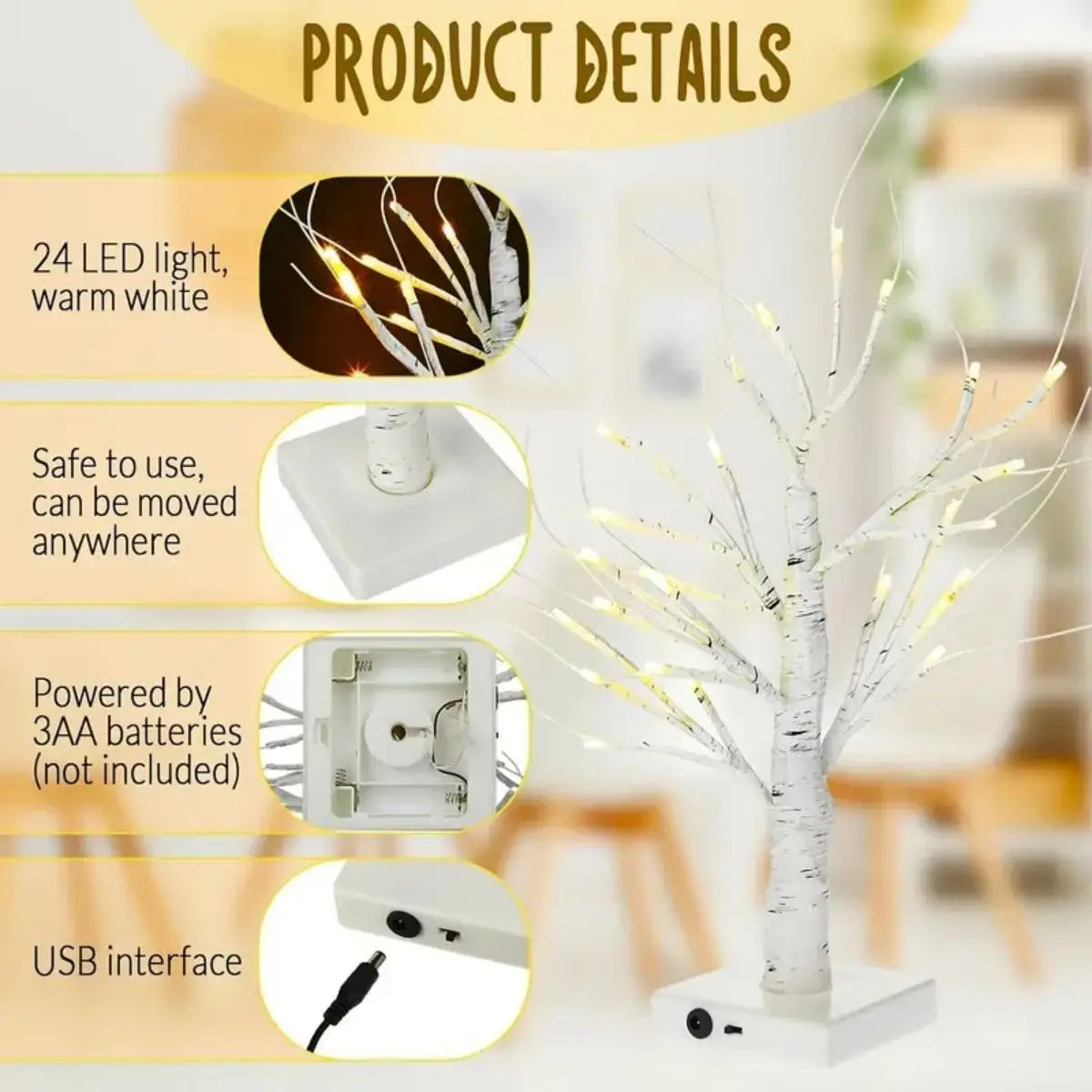 1pc 24 LED Easter tree, birch tree adjustable branches 3AA and USB power supply, bedroom decorative tree light (without battery)