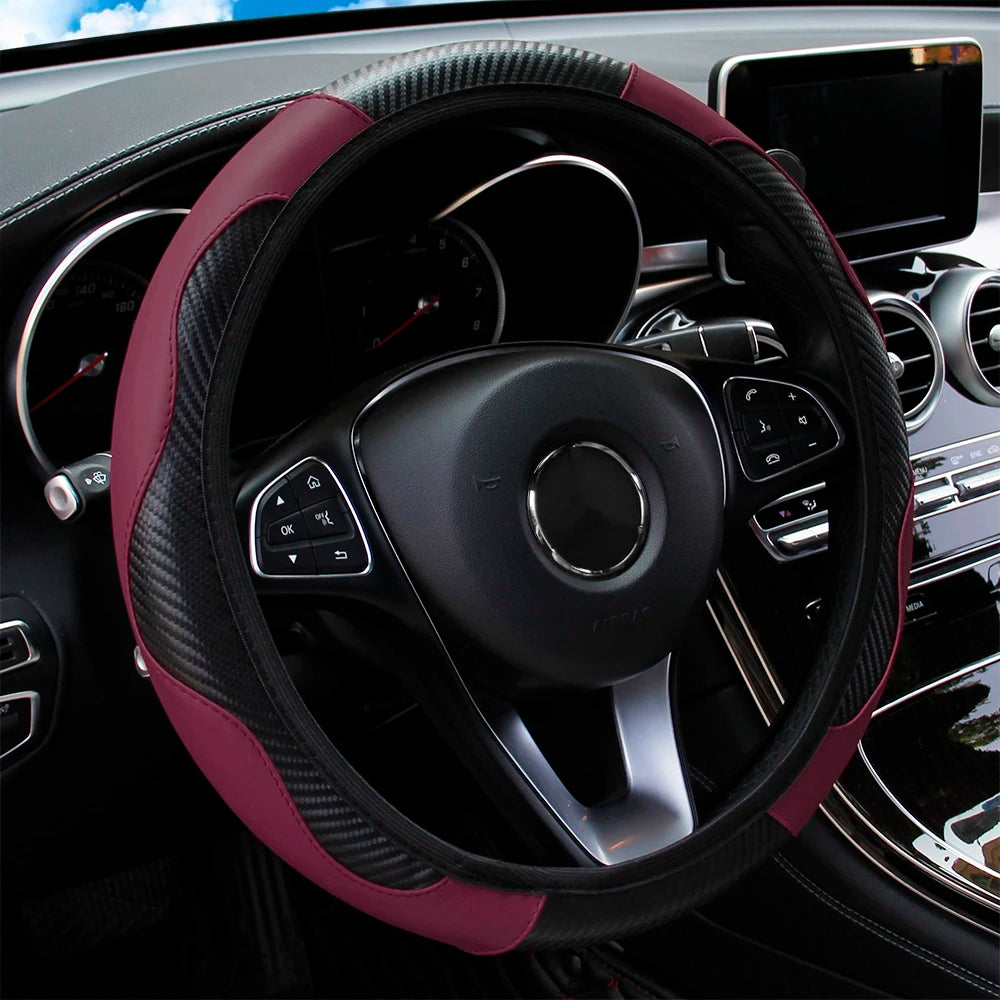 PU Carbon Fiber Leather Car Steering Wheel Cover without Inner Ring Suitable for 14.5-15 Inches of Automotive Supplies