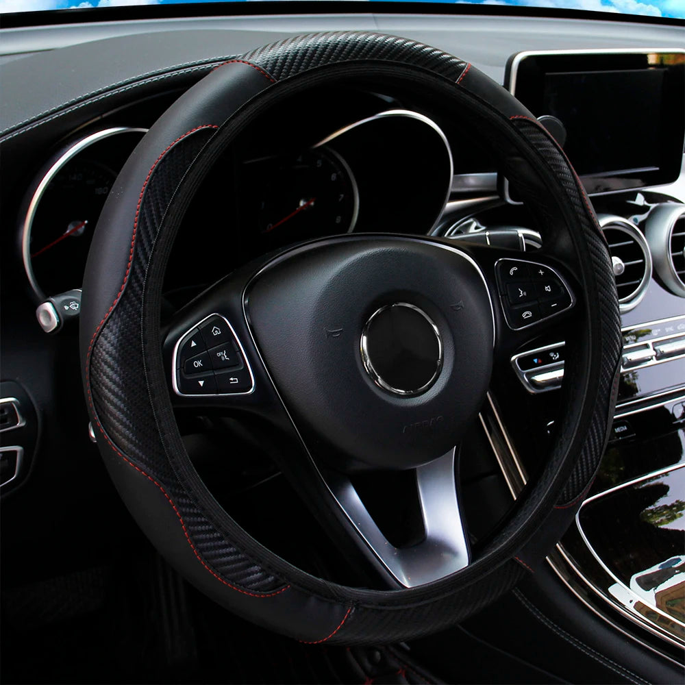 PU Carbon Fiber Leather Car Steering Wheel Cover without Inner Ring Suitable for 14.5-15 Inches of Automotive Supplies