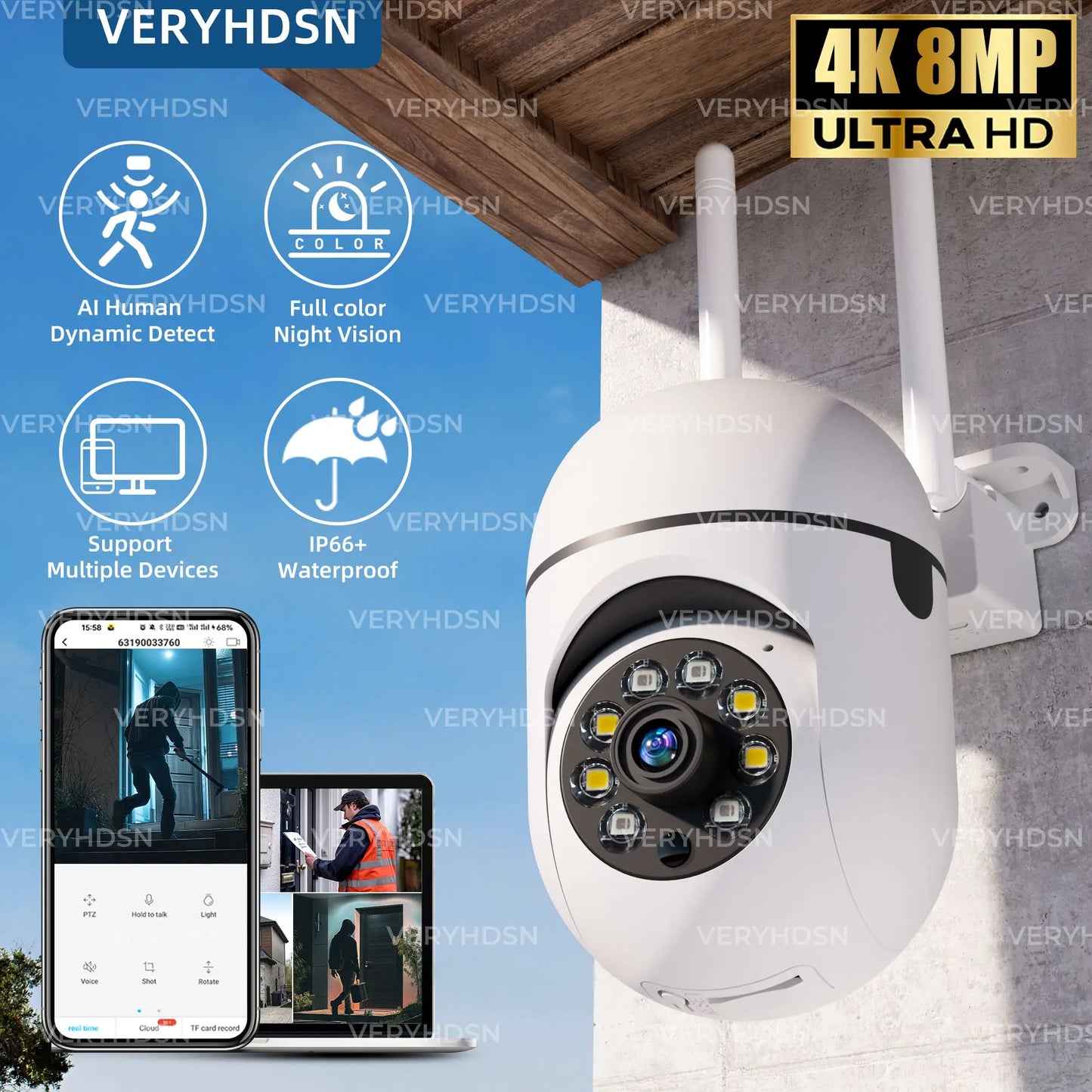 8MP Wireless Security Surveillance PTZ Camera Wifi IP Outdoor 4X Zoom Cameras AI Human Tracking Two-way Audio HD Night Color Cam